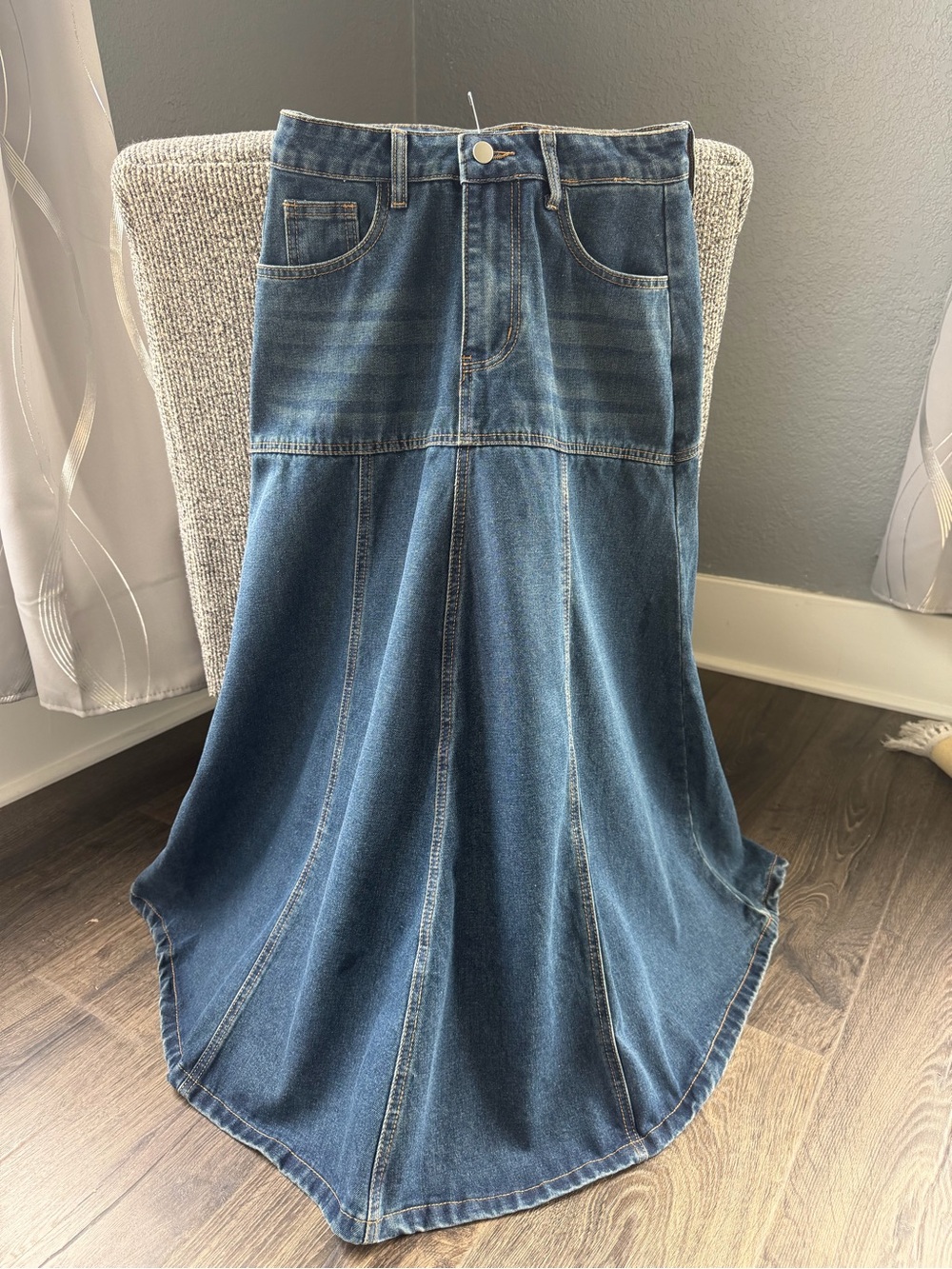 Classic Blue Denim Flared Maxi Skirt - Casual Everyday Style
